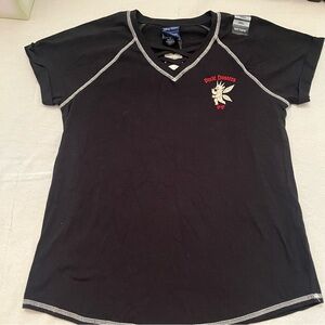 Hot Topic Black V-Neck Tee with Red and White Embroidery